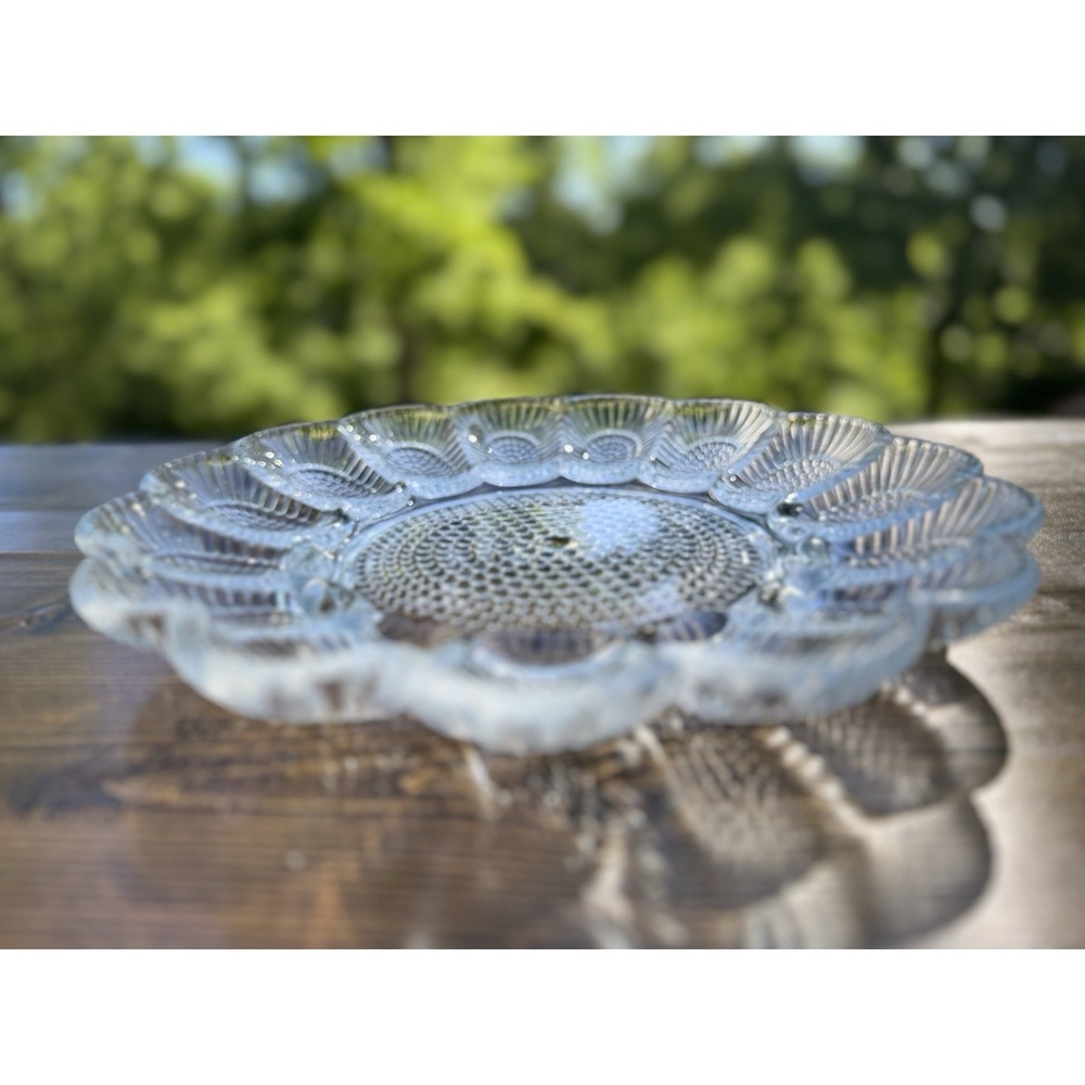 Clear Glass Deviled Egg Plate Relish Tray Serving Platter Hobnail 11"